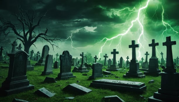 Eerie graveyard with dark storm clouds, lightning strikes, and ominous atmosphere for Halloween or horror themed imagery photo