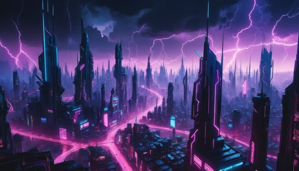 Futuristic cityscape with neon lights and dramatic stormy sky illuminated by lightning strikes at night photo
