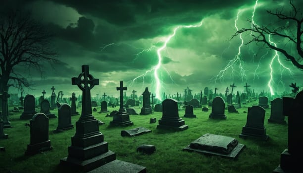 Stormy Night in Graveyard with Lightning Strikes Illuminating Tombstones and Dark Clouds Over Spooky Cemetery Landscape photo