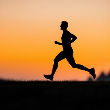 Runner silhouetted against a vibrant sunset background. Time management organization self discipline. photo