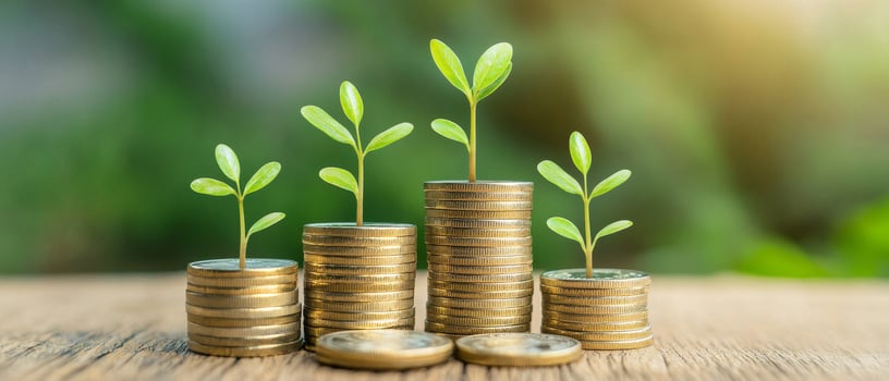 Growing plants on stacked coins symbolizing financial growth. Sustainable business green economy and policy concept. photo