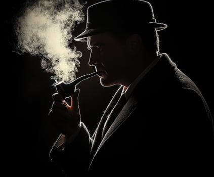 Silhouette of mafia man with hat and smoking pipe. photo