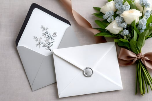 Elegant wedding stationery with wax seal and flower bouquet resting on table photo