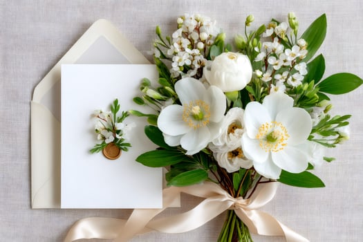 Delicate white flowers bouquet decorating a blank wedding invitation card photo