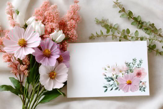 Delicate pink and purple cosmos flowers decorating a blank greeting card photo