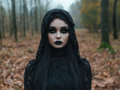 Ethereal woman with dark makeup in a misty forest photo