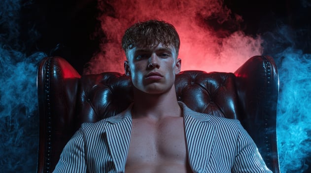 Confident man in pinstripe suit sitting in leather armchair photo