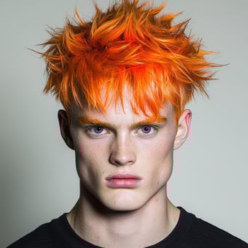 Intense portrait of a young man with vibrant orange hair photo