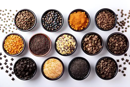 A Diverse Array of Pet Food Kibble and Treats Exploring Shapes, Sizes, and Colors of Nutritional Options for Canine Companions, Featuring a Variety of Textures and Ingredients for Optimal Health photo