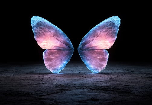Glowing butterfly wings on dark, textured ground photo