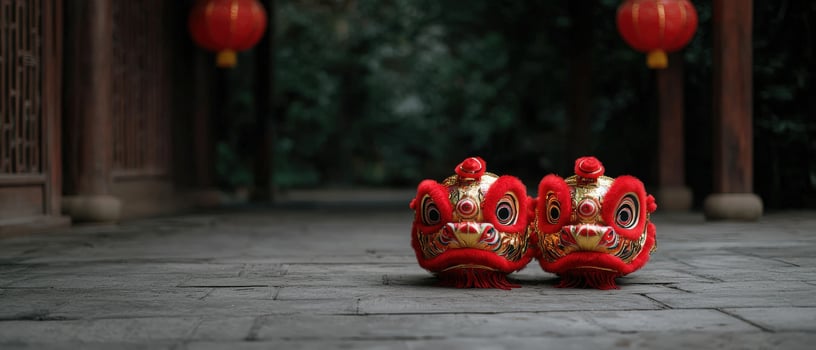 Two vibrant lion dance heads on a stone path photo