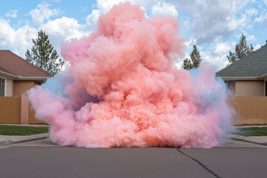 Surreal cloud of pink smoke in suburban neighborhood photo