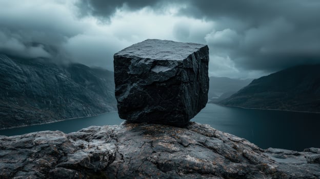 Dramatic cube rock formation overlooks a moody mountain lake photo