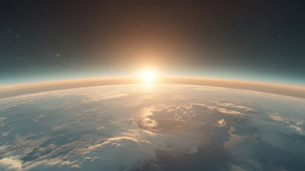 Earth view from space. Bright sunlight shining on horizon. Atmosphere and clouds visible. Starry sky above. Peaceful cosmic scene. Space exploration concept. photo