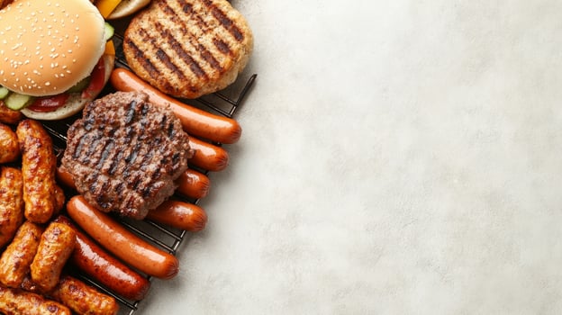 Delicious selection of grilled sausages, juicy burgers, and a chicken patty set on a barbecue grill, perfect for a summer cookout or family gathering photo