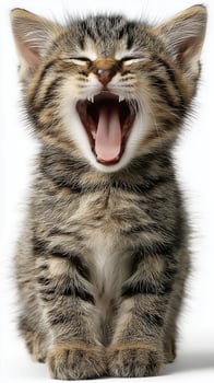 Yawning kitten with striking fur pattern and playful expression. photo