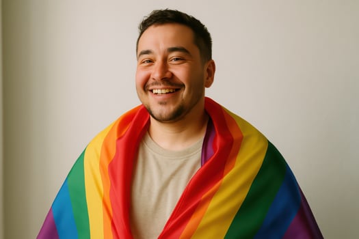 Smiling individual embraced by rainbow flag celebrating lgbtq pride and diversity. LGBT Pride month . photo