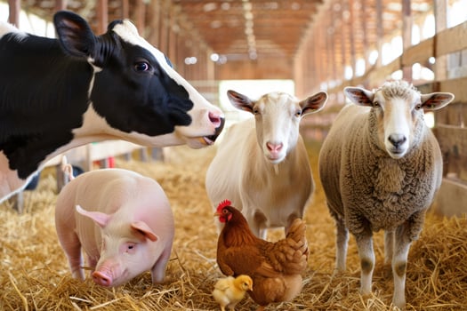 Farm animals gather in a barn with straw, showcasing diversity and rural life photo