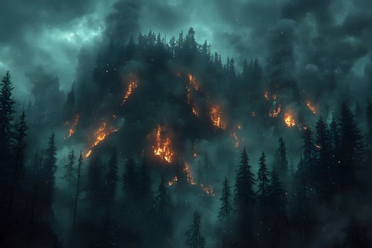 Dramatic Wildfire in Dense Forest Amid Heavy Smoke and Dark Sky photo