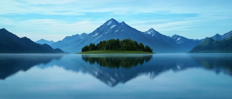 Serene island landscape with mountains and calm water reflection. Reflection and mirroring optical illusion concept. photo