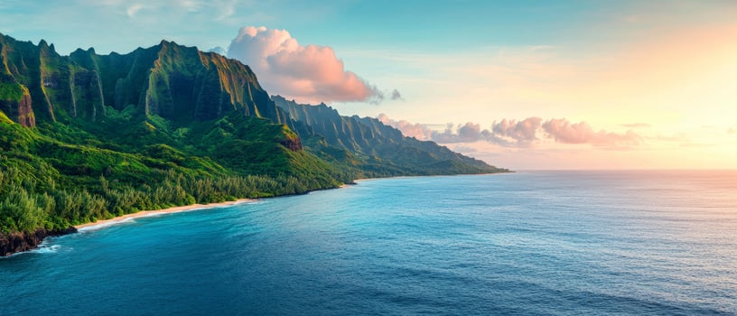 Serene coastal view with mountains and a vibrant sunset sky. Beach scenes and shorelines sunset glow concept. photo