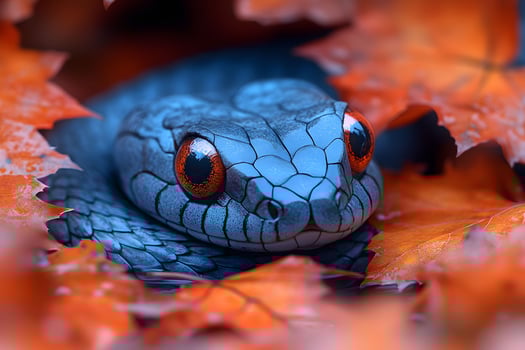 Striking Blue Snake Amid Vibrant Autumn Leaves Nature's Bold Harmony photo