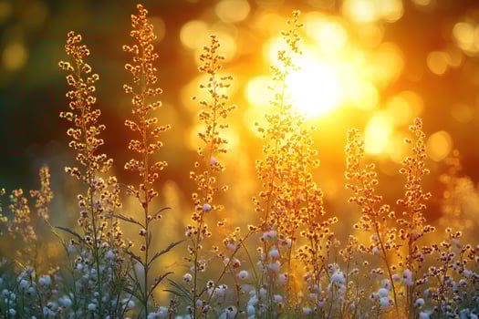 Golden Sunset Illuminating Wildflowers in a Serene Meadow Landscape photo