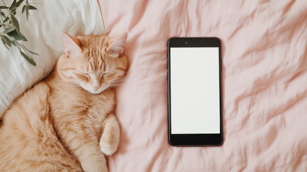 Sleeping cat next to smartphone on bed photo
