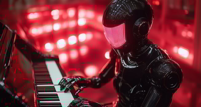 A humanoid robot skillfully performs on a piano in a theater illuminated by dramatic red lights. The scene captures the intersection of technology and music in a captivating musical experience. photo