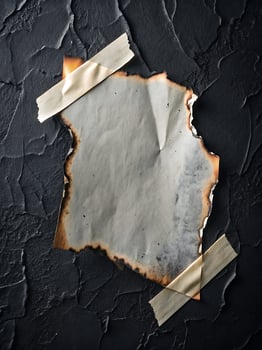 Burnt paper attached to a dark textured surface with tape strips photo