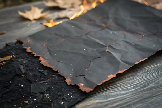 Burning the Past, Scorched Black Paper on Wooden Surface with Flames photo