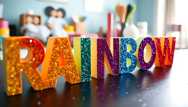 Colorful Glitter Letters Spelling Rainbow on Desk Surface in Bright Light photo