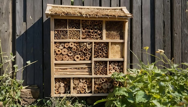 Close-up of Wooden Insect Hotel with Various Natural Materials and Plants photo
