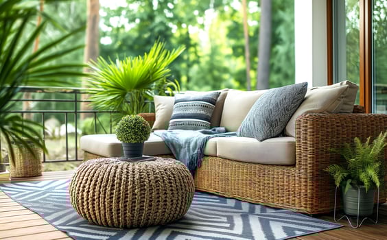 Cozy outdoor terrace with woven rattan sofa adorned with neutral-toned pillows and soft throw blanket, surrounded by lush greenery. Serene setting invites relaxation and leisure in photo