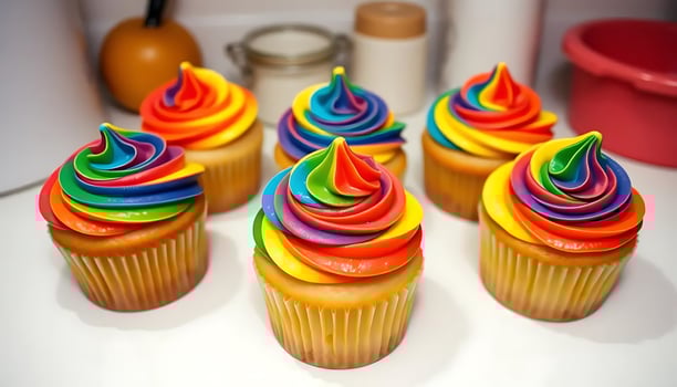 Colorful Rainbow Cupcakes with Swirled Frosting, Perfect for Celebrations and Parties photo