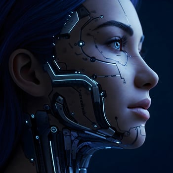 Close-up profile of a young adult female face with integrated cybernetic elements glowing blue, representing advanced technology and the future photo