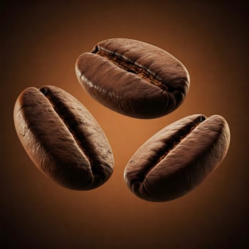 Three brown coffee beans are suspended in mid-air against a warm gradient background, showing detailed texture photo
