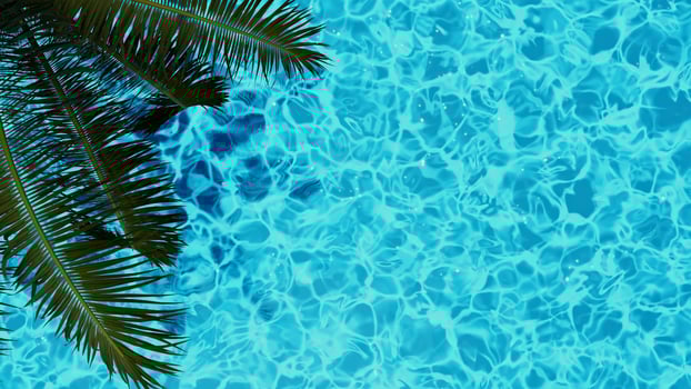 The inviting tropical pool water is enhanced by the lush green palm leaves around it photo