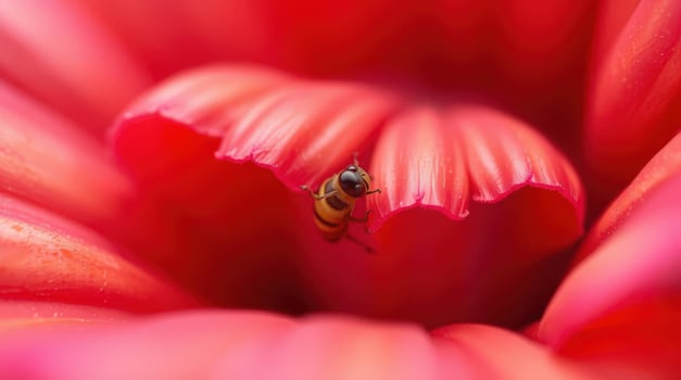 a tiny bee nestled delicately within the vibrant petals of a red gerbera daisy photo
