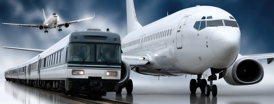 A passenger airplane and a train on the track photo