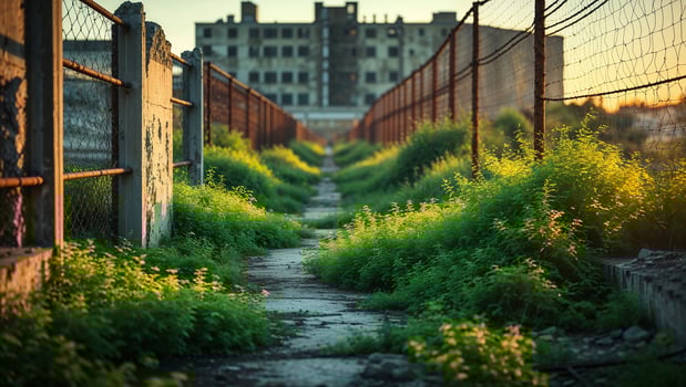 Abandoned building with fences and overgrown plants at sunset photo