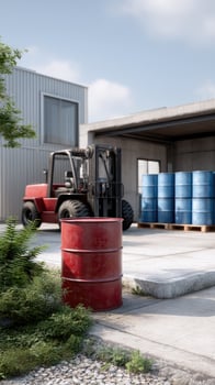 A forklift is parked in front of a warehouse photo