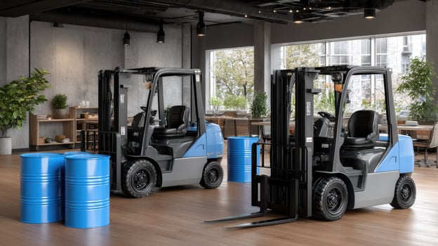 Two forklifts sit in a room with blue barrels photo