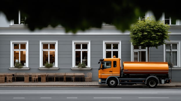A large orange truck driving down a street photo