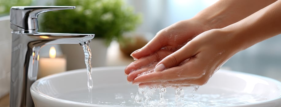 A person washing their hands with water in a sink photo