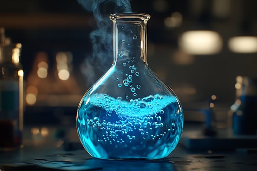 Scientific Experiment in Progress Blue Liquid Bubbling in a Flask photo