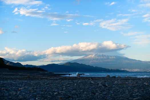 Beautiful snow white top Fujisan with blue sky from the Miho no Matsubara, UNESCO World Heritage Site. photo