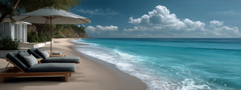 Relaxing by the Beach With Lounge Chairs Under a Sun Umbrella on a Clear Day photo