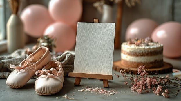 Elegant Ballet Shoes and Blank Canvas at a Birthday Celebration With Pink Balloons and Cake photo