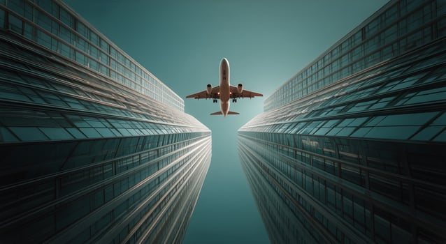 An airplane flying through the air between two tall buildings photo